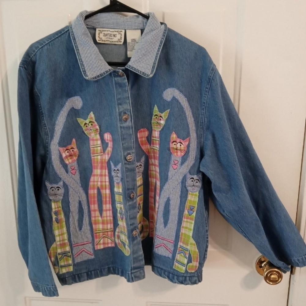 Women's size large cat themed denim jacket the brand is tantrums